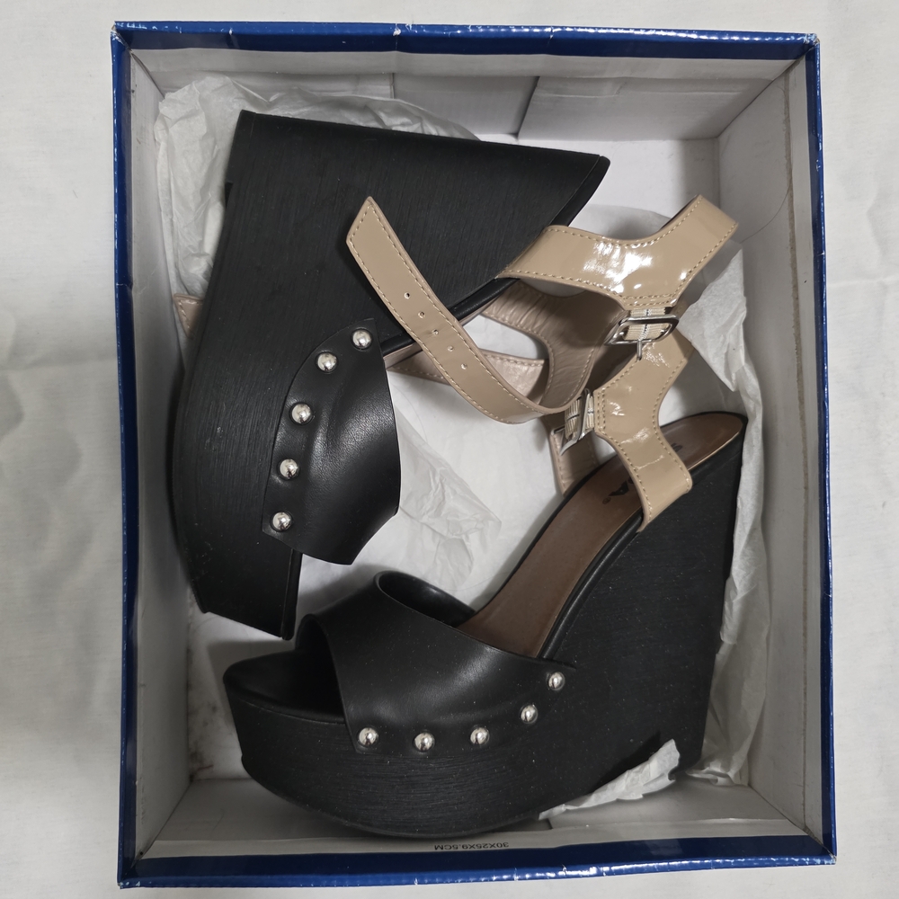 Soda Black and Tan Wedge Sandals